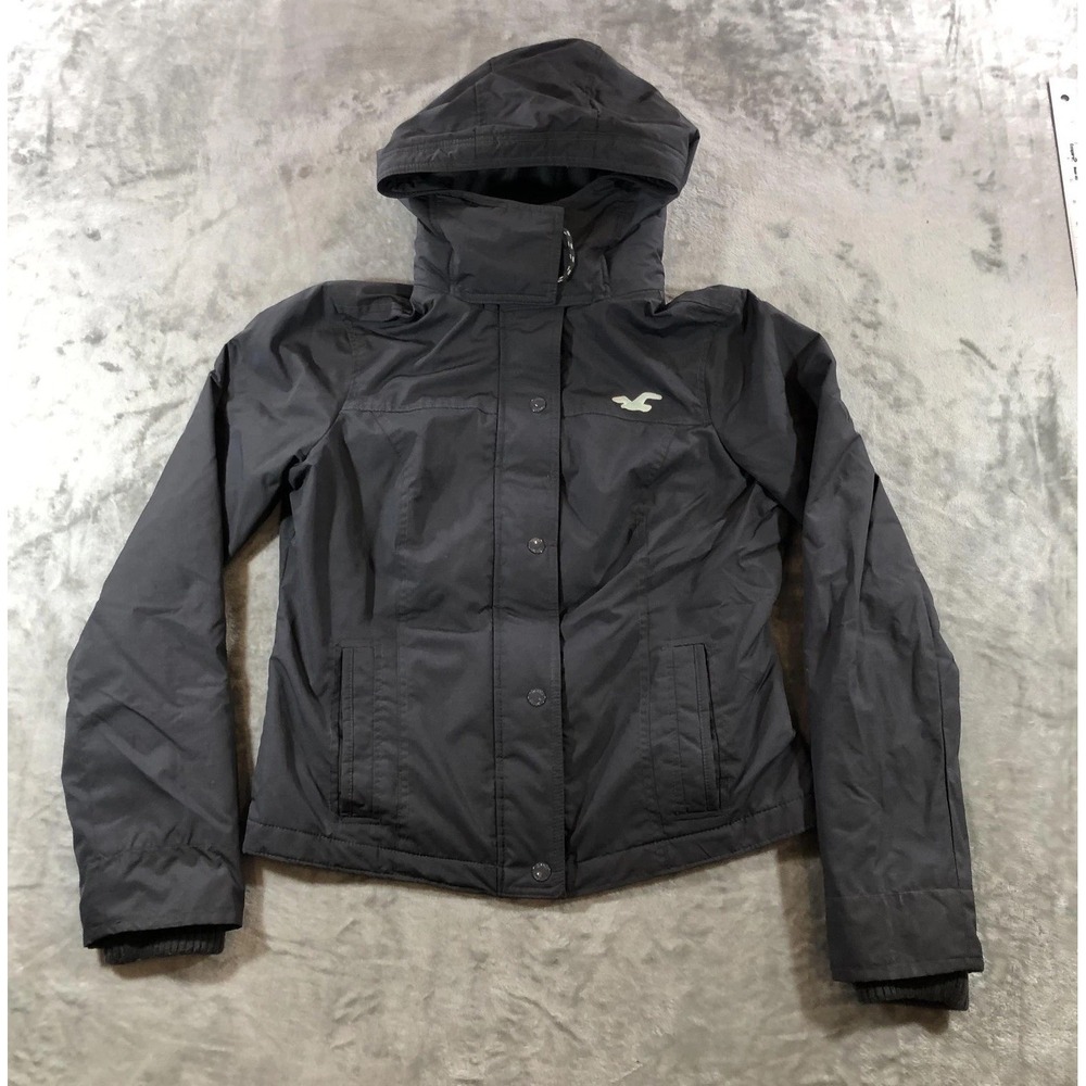 Hollister All-Weather Jacket Womens Large Gray Hooded Fleece Lined Full Zip